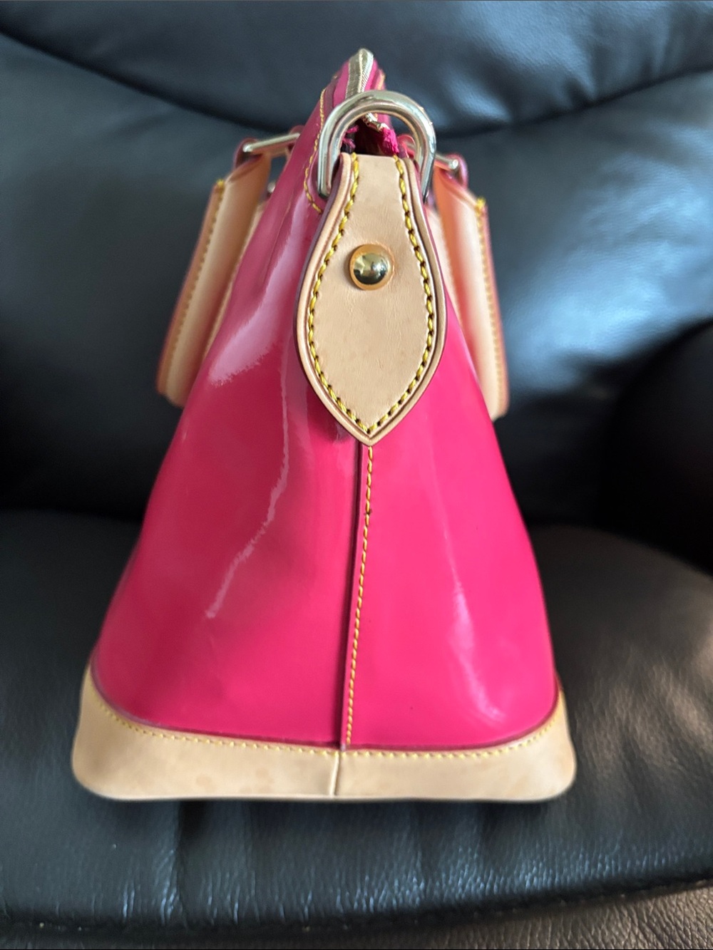 Dooney & Burke Hot Pink Patent Purse With Tan Trim - Picture 5 of 14
